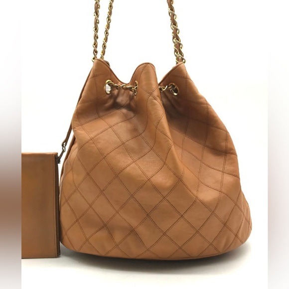 CHANEL Bicolor Lambskin Drawstring Chain Shoulder Tote Bag Brown with Pouch - Picture 3 of 10